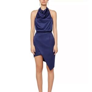 NWOT REVOLVE x Elliatt Navy Satin Camo Halter Asymmetrical Mini Dress